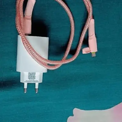 চার্জারে লাগানো পিংক ক্যাবল প্রটেক্টর